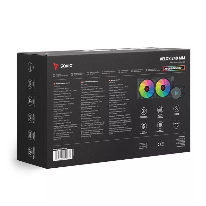 Liquid cooling kit SAVIO VELOX 240 mm Black — 240 mm radiator, 205×450 mm, 2 fans, TDP 250 W