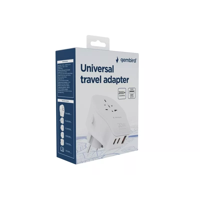 Wall travel adapter GEMBIRD TPA-1A2C20-02-W 20W — 1×USB-A + 2×USB-C, Type G plug, 100–250V, white