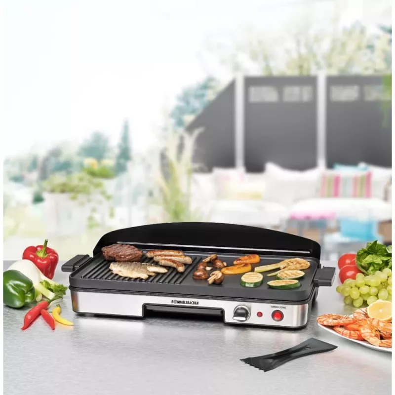 Electric Table Grill Rommelsbacher BBQ 2003 — 1900 W, 50×25 cm, ribbed + Teppanyaki, adjustable thermostat, silver/black