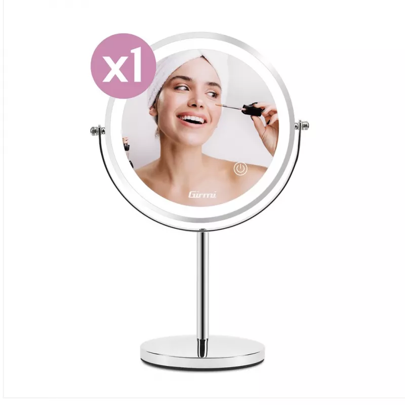 Freestanding Makeup Mirror Girmi BE02 — Round stainless steel, LED touch control, 1x/3x magnification, USB-C rechargeable (1000 mAh)