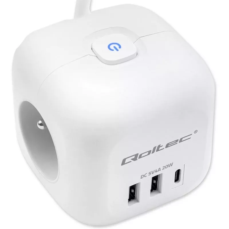 Power Cube QOLTEC 52547 power strip 3×AC sockets, 2×USB-A, 1×USB-C PD 20W