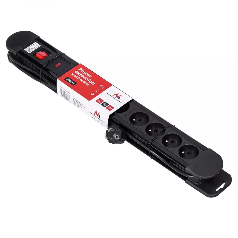 Power extension MACLEAN MCE11 — 8 AC outlets, 1.5 m cable, indoor, black, with on/off switch