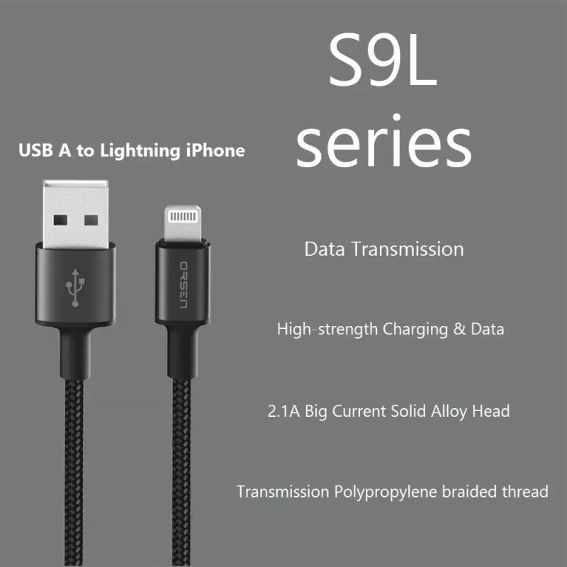 USB-A to Lightning Cable Orsen S9L 1 m 2.1A — black