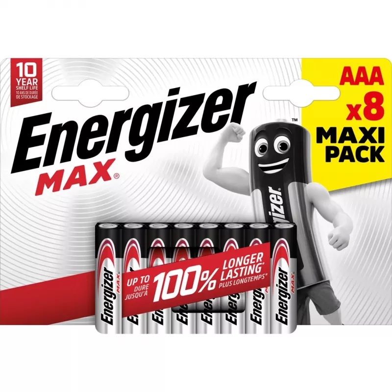 Single-use battery Energizer MAX AAA Alkaline 1.5V — pack of 8, cylindrical, 10-year shelf life