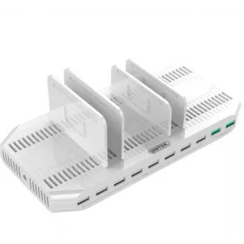 Charging station Unitek Y-2190A — 10× USB ports (8×USB2.0 + 2×USB3.2 Gen1), wireless charging, 96W total