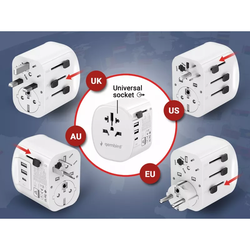 Travel adapter GEMBIRD TPA-EU2A1C15-01-W — 15W, Type E plug, 2× USB-A + 1× USB-C, 100–250V