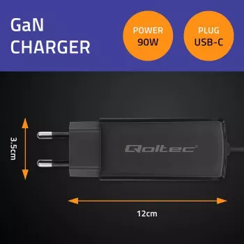 GaN 90W Charger QOLTEC 52420 USB-C PD 5–20V 3A/4.5A output, 220–240V input, 1.8 m cable, black