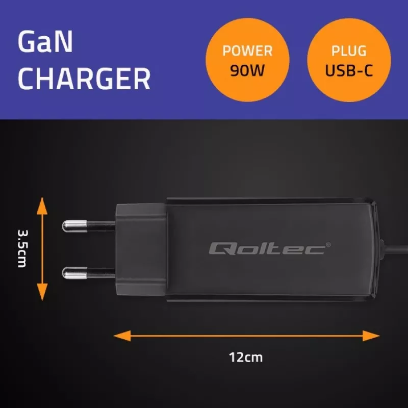 GaN 90W Charger QOLTEC 52420 USB-C PD 5–20V 3A/4.5A output, 220–240V input, 1.8 m cable, black