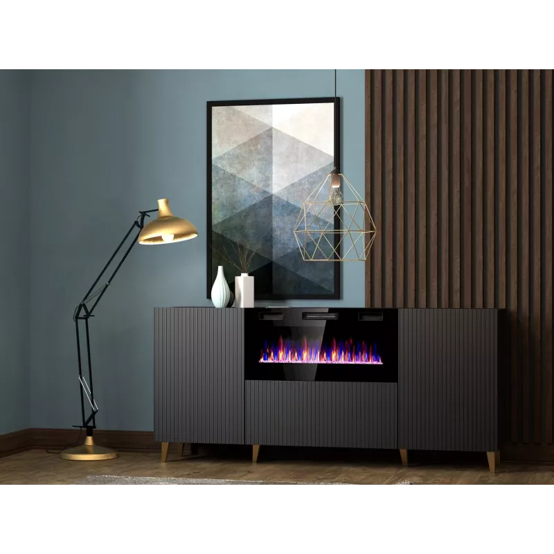 Cama Meble PAFOS Chest of Drawers with Electric Fireplace 180x42x82 cm Matte Black