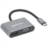 Manhattan USB-C Dock/Hub, Ports (x4): HDMI, USB-A, USB-C and VGA, with Power Delivery (PD) 87W- requires external USB-C charger (not included). USB powered (no external power supply required) when PD is not in use, Aluminium