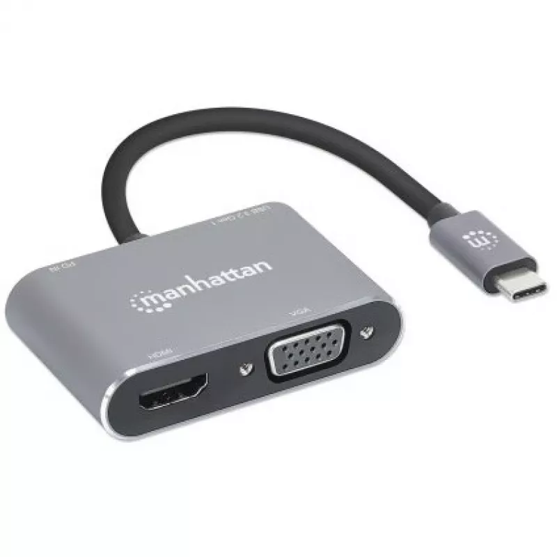 Manhattan USB-C Dock/Hub, Ports (x4): HDMI, USB-A, USB-C and VGA, with Power Delivery (PD) 87W- requires external USB-C charger (not included). USB powered (no external power supply required) when PD is not in use, Aluminium
