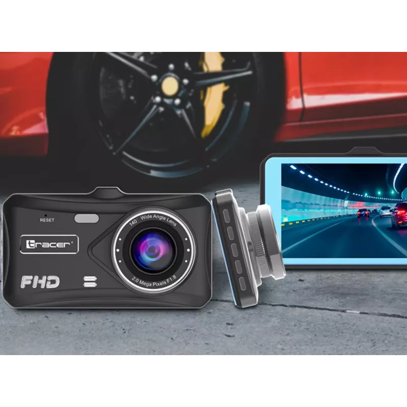 Dashcam TRACER 4TS Full HD dual-channel dash camera, 2 MP main, 0.4 MP interior, 140°/60° angles, 4 inch IPS display, 150 mAh battery, aluminium body, parking assist