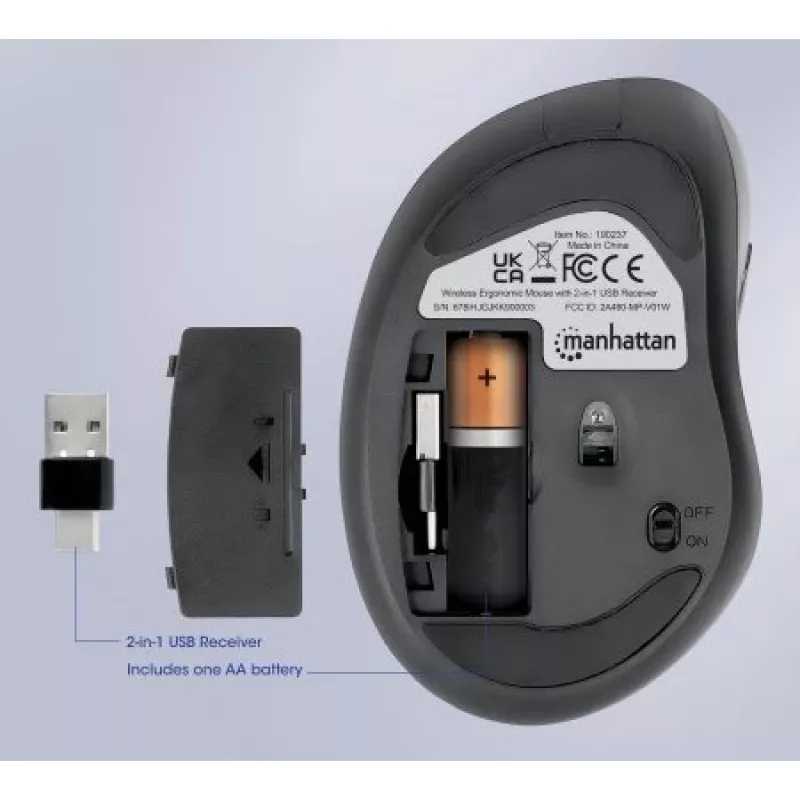 Manhattan Ergonomic Wireless Mouse, Right Handed, Adjustable 800/1200/1600dpi, 2.4Ghz (up to 10m), Six Button with Scroll Wheel, Combo USB=A and USB-C receiver, Black, AA battery (included), Three Year Warranty