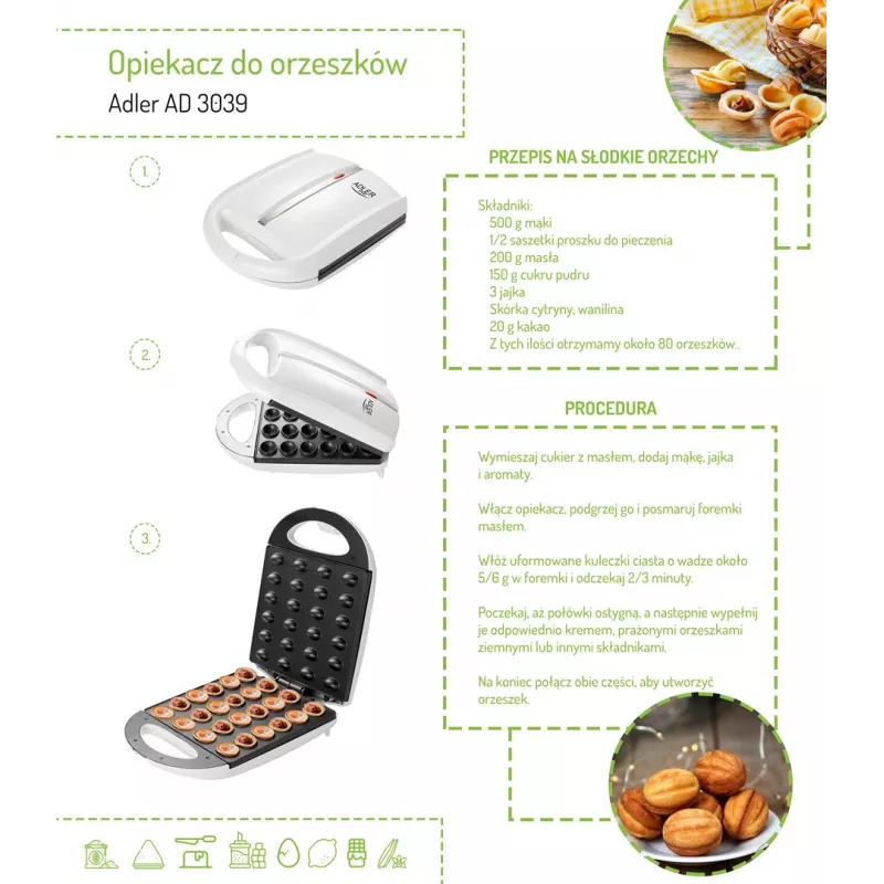 Waffle Iron Adler AD 3039 — 24 waffles, 1600 W, white, non-stick, cool-touch handles
