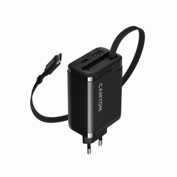 Charger CANYON OnCharge 65RC with built-in USB-C cable, 65W, 1x PD, 1x QC, EU plug, Black