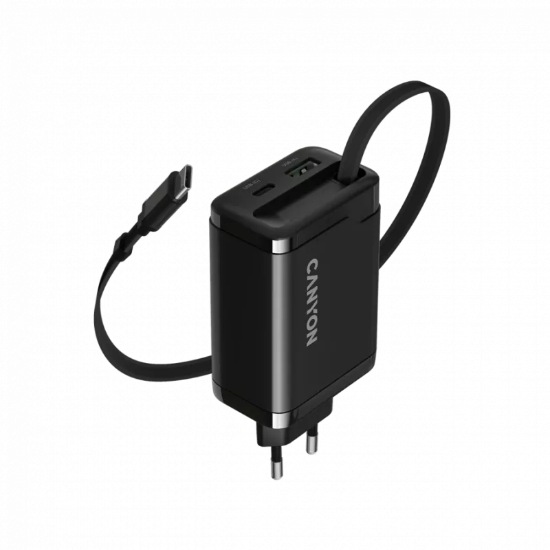 Charger CANYON OnCharge 65RC with built-in USB-C cable, 65W, 1x PD, 1x QC, EU plug, Black