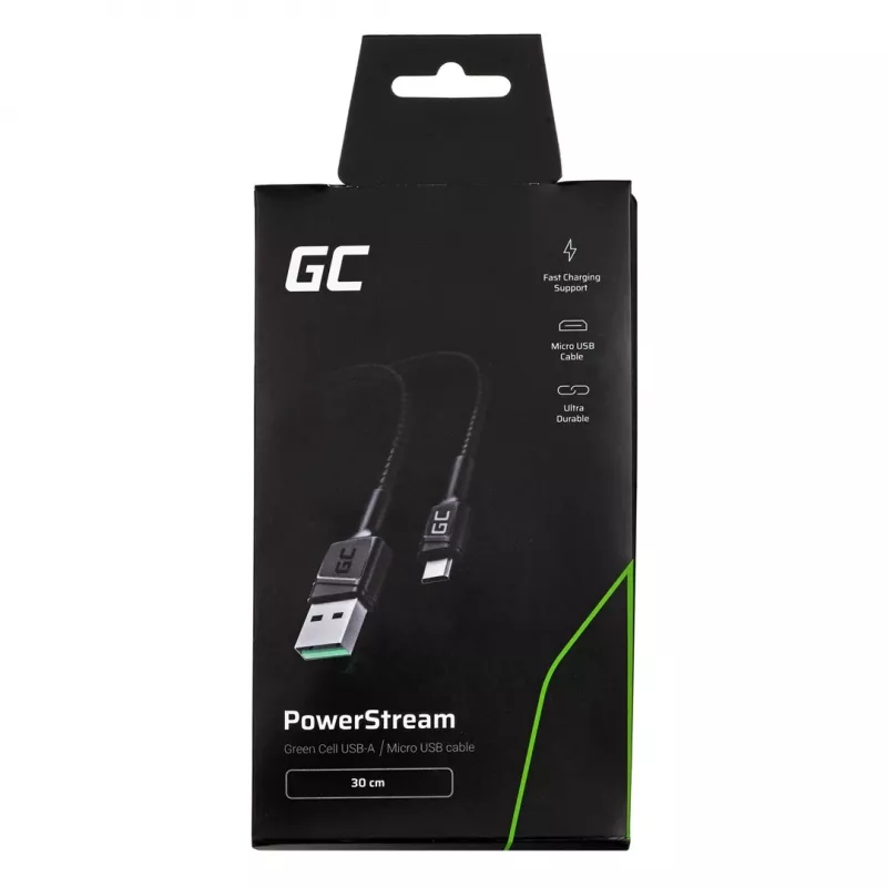 USB 2.0 cable Green Cell KABGC23, USB A to Micro-USB B, 0.3 m, black