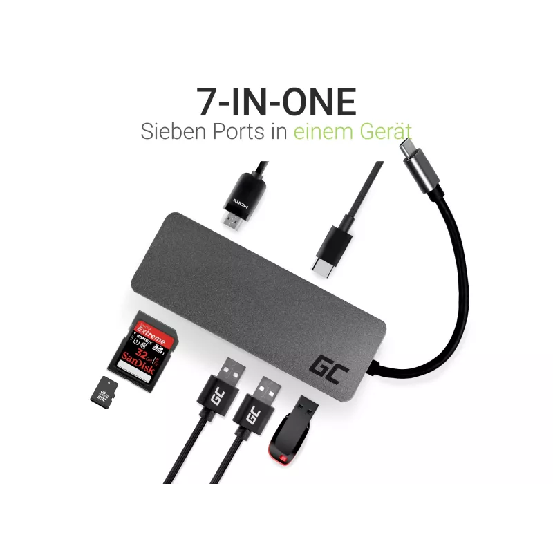 Green Cell AK50 - USB 3.2 Gen 1 (3.1 Gen 1) Type-C - USB 2.0 - USB 3.2 Gen 1 (3.1 Gen 1) Type-A - USB 3.2 Gen 1 (3.1 Gen 1) Type-C - MicroSD (TransFlash) - SD - Silver - Apple MacB