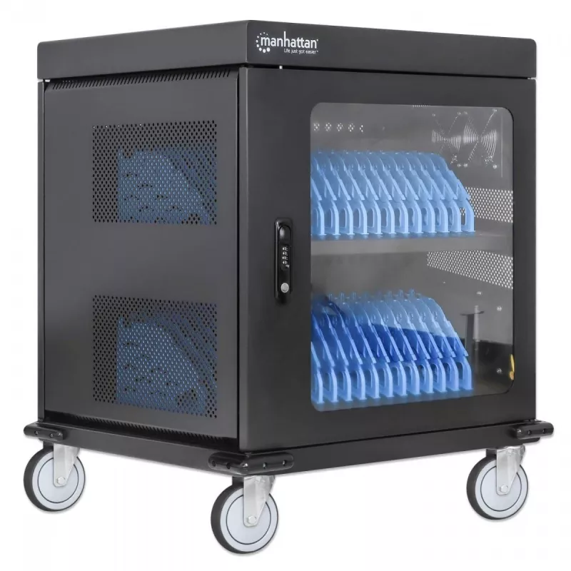 Manhattan Laptop Charging Cart/Trolley via AC Adapter (EU) 32-bay, Install device's AC Adapter (power cables) into unit, Suitable for ALL laptops (to 15.6 inch), iPads, MacBooks, Chromebooks, other USB-C devices, Bays 380x30x280mm, Cabinet, Lockable
