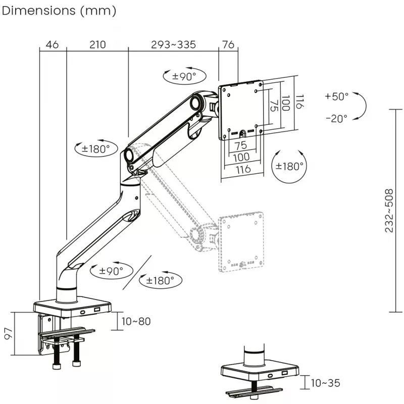 Monitor Mount DIGITUS Single, clamp, for up to 49 inch (124.5 cm), 20 kg, VESA 75x75–100x100, tilt -20° to 50°, height adjustable, black
