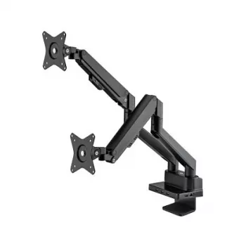 Manhattan Dual Desk Mount for TV & Monitors (Full Motion Gas Spring) with built-in Dock, For screens to 27 inch, Ports (x7): Ethernet,HDMI (x2),USB-A (x3) and USB-C,Power Delivery (100W) to USB-C Port (Separate USB-C wall charger/cable needed),VESA: 75x75 and 100x100mm