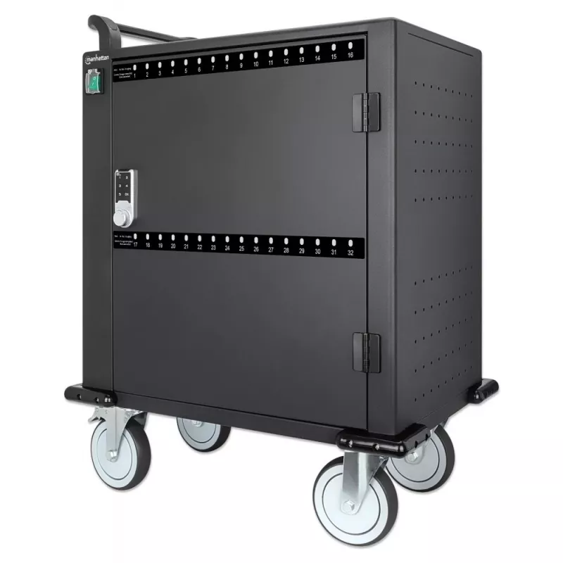 Manhattan iPad to 13 inch, MacBook Air to 13 inch & Chromebook to 14 inch 32-bay Charging Trolley/Cart via USB-C, Also other tablets/smartphones (with device to USB-C cable), Bays 330x22x235mm, Device charging cables not included (suggest USB-C cable 354868),Cabinet