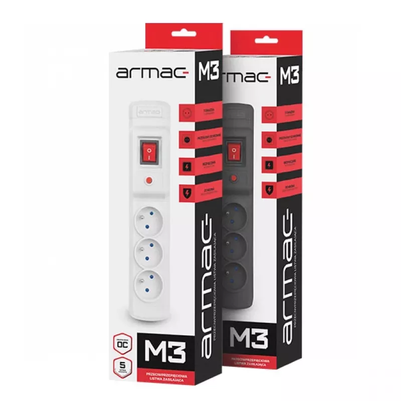 Power strip ARMAC Multi M3 with 3 outlets and 5 m cable, grey