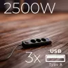 Power strip MACLEAN MCE394 B — 3 sockets + 3×USB A, 110–240V, 2.1A USB, 2500W, 1.5 m cable, black
