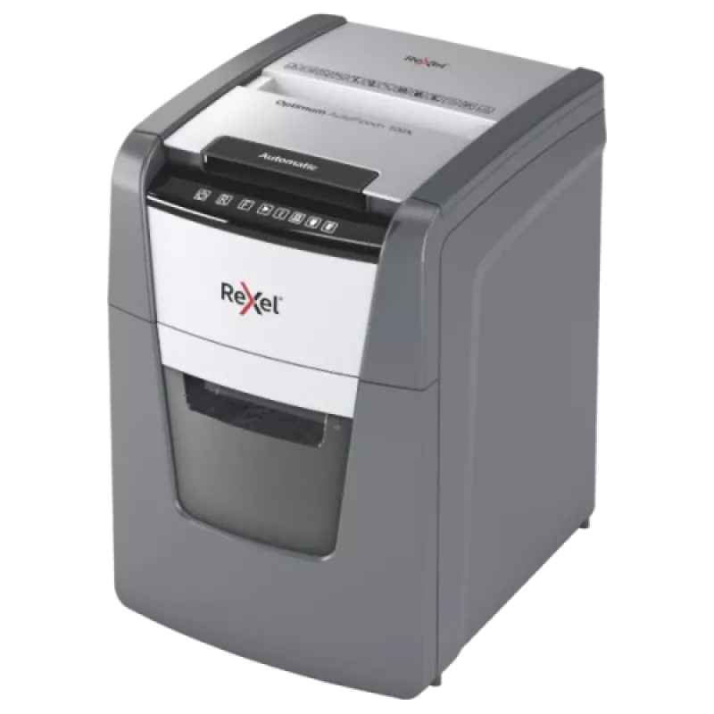 Paper shredder REXEL Optimum AutoFeed+ 100X — 100-sheet auto feed, 4 x 28 mm cross-cut, 34 L bin, aluminium