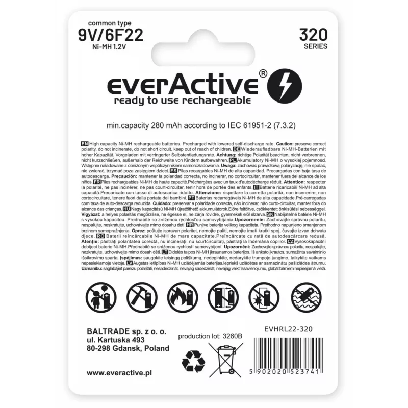 Rechargeable battery everActive EVHRL22-320 9V NiMH prismatic 8.4V, 55 g, 48.5 mm