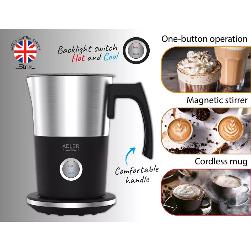 Automatic milk frother Adler AD 4497 — stainless steel, 600W, froth 120 ml / warm 300 ml, hot & cold