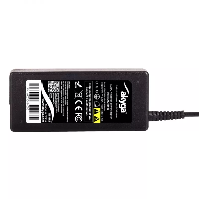Power adapter Akyga AK-ND-06 65 W indoor laptop power supply, 100–250 V, black, ABS housing