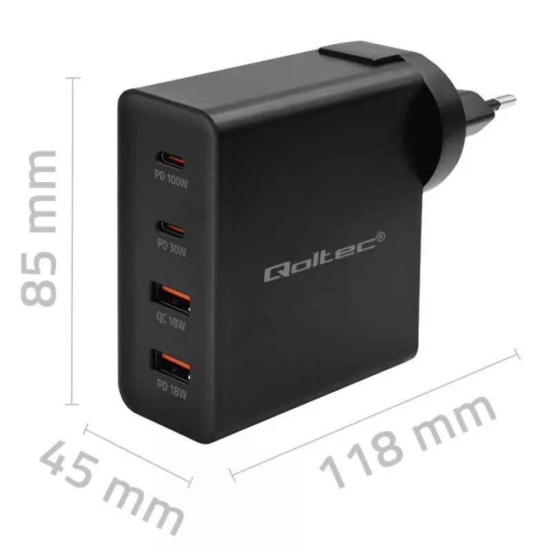 Qoltec GaN POWER PRO Charger | 2xUSB-C | 2xUSB | 130W | 5-20V | 1.5-5A | XP | Black