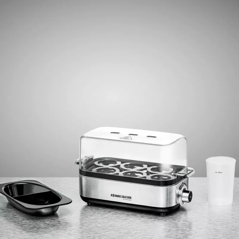 Egg cooker Rommelsbacher ER 600 — electric egg boiler, 6-egg capacity, 400 W, stainless steel, transparent lid