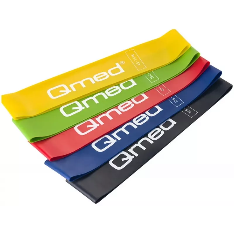 Resistance Exercise Band Set MDH DRQM3MYYSETP — 5 loop bands (50 cm length), latex, widths 5 cm, loads 4.5–31.5 kg