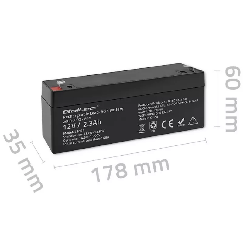 Sealed AGM battery QOLTEC 12V 2.3Ah for UPS and backup systems, max discharge 34.5A