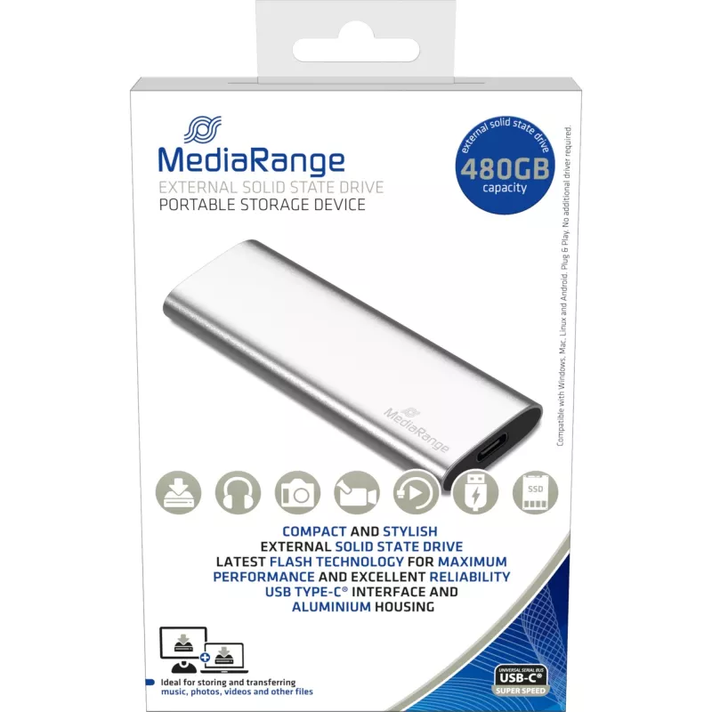 MediaRange MR1102 - SSD - 480GB - external (Portable) - USB 3,2 Gen 2 (USB-C Connector) - Silver (MR1102)