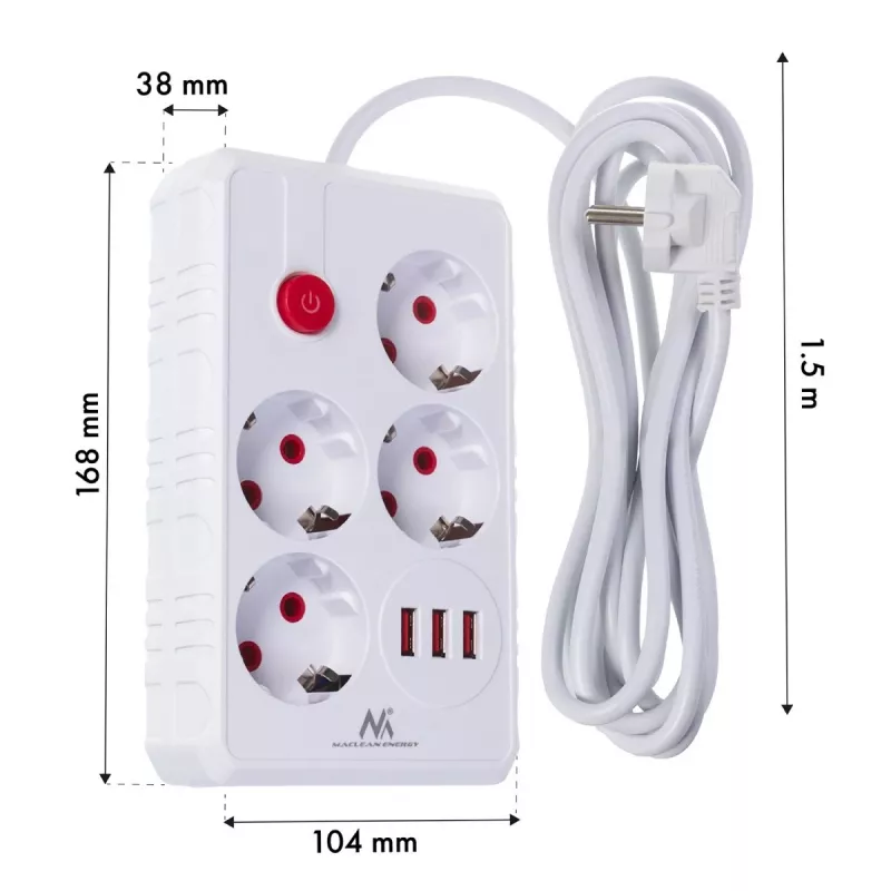 Power strip MACLEAN MCE392 W — 4 F sockets, 3×USB A, 110–240V, 2.1A max, 2500W, 1.5 m cable, white