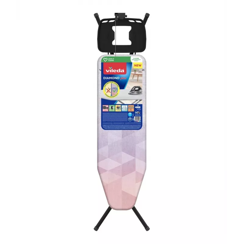 Full-size ironing board VILEDA Dimond Plus 173270 — 1200×380 mm, adjustable height 77–97 cm, cotton cover, steel legs, iron rest