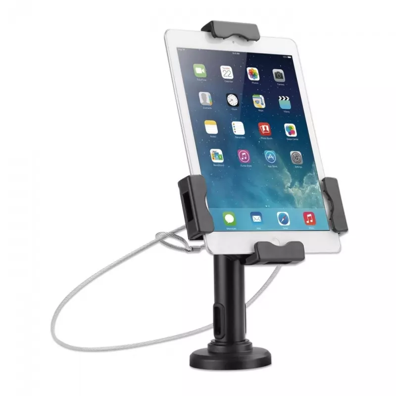 Manhattan iPad & Tablet Desk Stand, Lockable, Wall Mountable, Secure Anti-Theft, 7.9 inch to 10.5 inch tablets, 360° Rotation, +/- 70° Tilt, 330° Swivel, Black, Lifetime Warranty