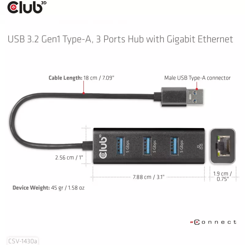 USB Hub CLUB3D USB 3.2 Gen1 Type-A 3 Ports with Gigabit Ethernet