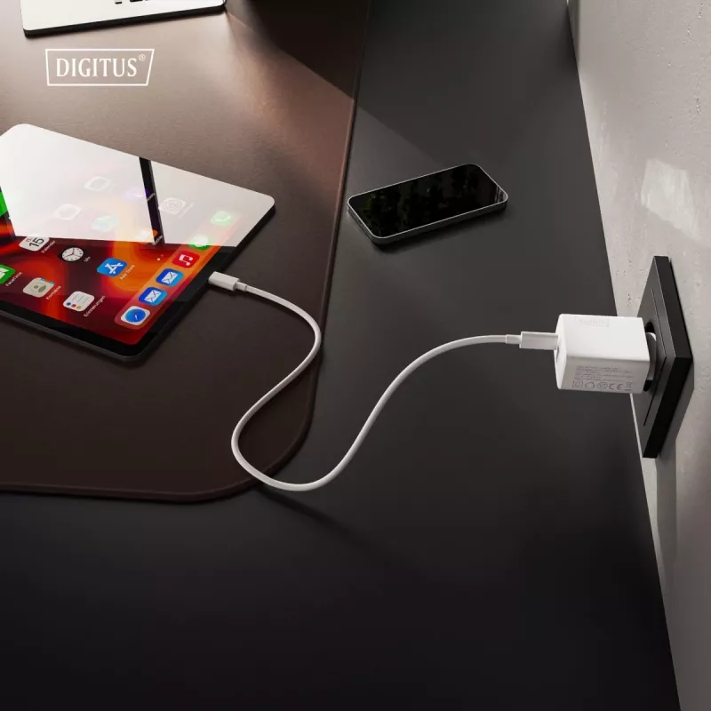 AC Indoor USB GaN Charger DIGITUS DA-10301 — 30W, 1× USB-C, 1× USB-A, 100–240V, white