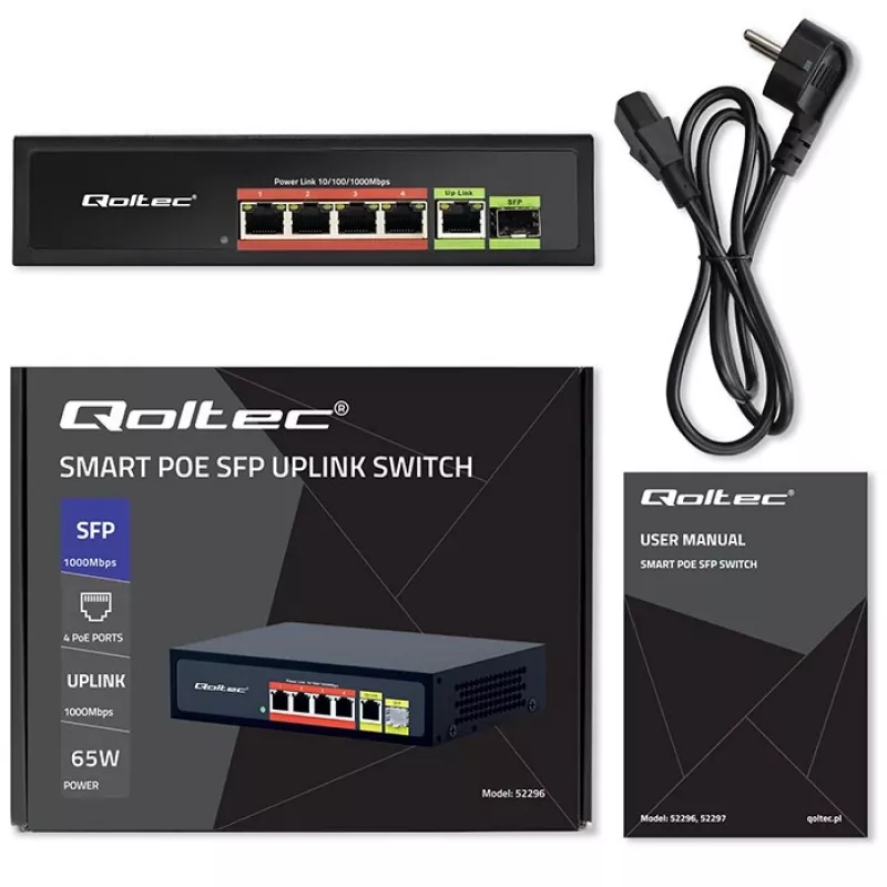 Ethernet PoE Switch QOLTEC 52296 — 4x RJ45 PoE ports, 1x RJ45 uplink