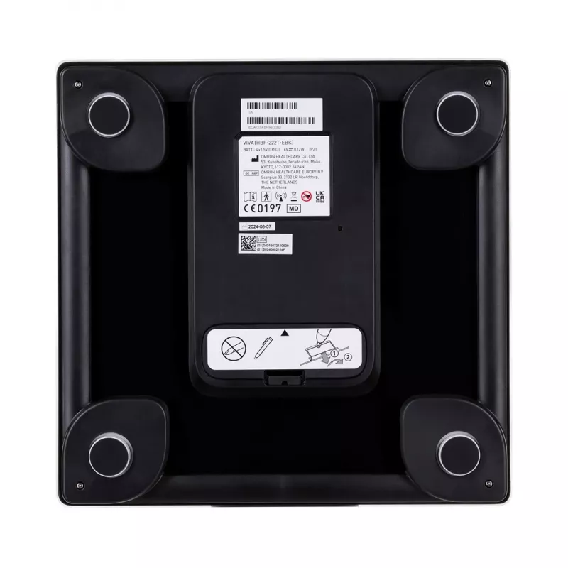 Electronic personal scale Omron VIVA — square, black, max 150 kg, 100 g accuracy, body fat/BMI/BMR, 30-user memory
