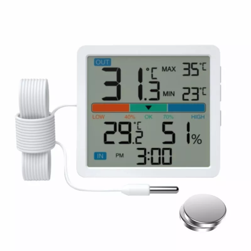 Thermometer‑Hygrometer MANTA MTO002W with external sensor (150 cm), indoor 0–+50°C, outdoor -40–+70°C, humidity 20–95% RH, comfort indicator, clock