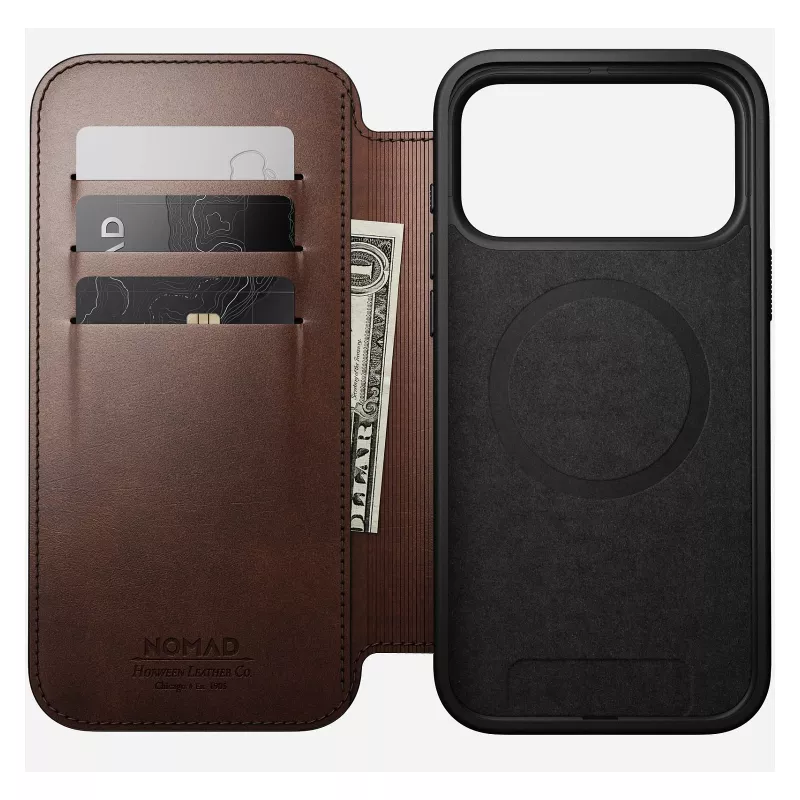 Nomad Modern Leather Folio mobile phone case Cover for iPhone 17 Pro Max — Brown, leather, 6.3 inch screen, 4 card pockets