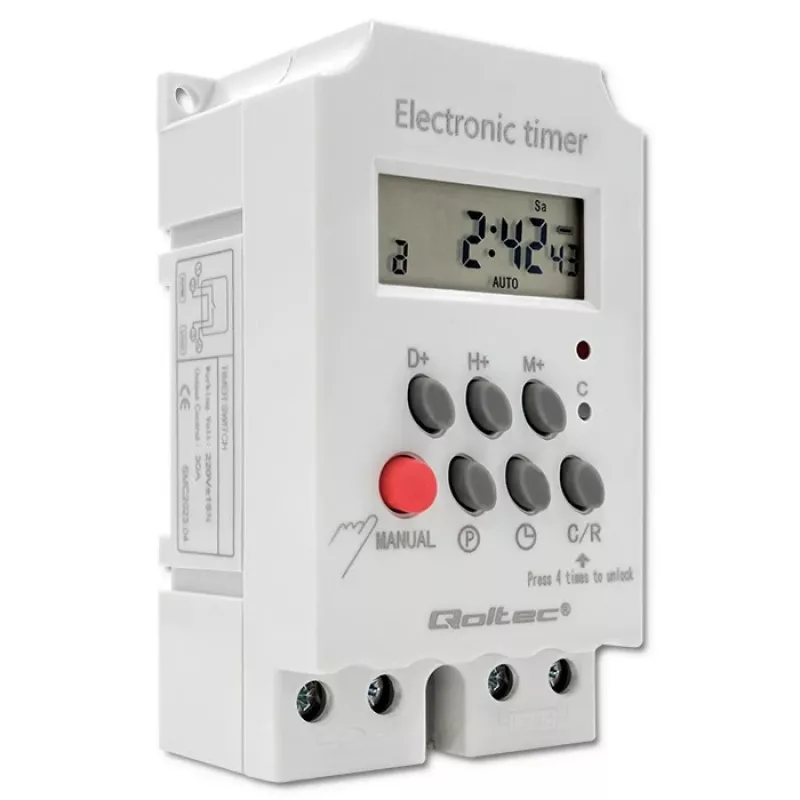DIN-rail electronic timer QOLTEC PC0629 — 24V supply, 16A output