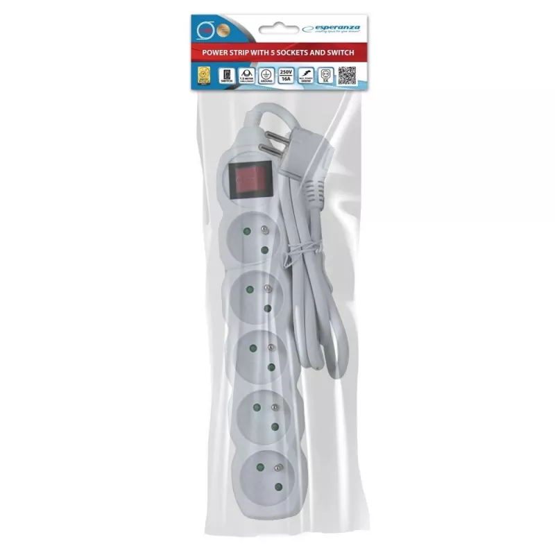 Power extension ESPERANZA ELK214W 1.5 m, 5 Type E AC outlets, indoor, white