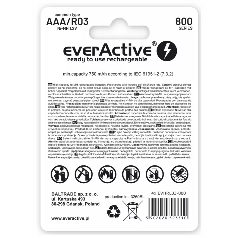 Rechargeable AAA NiMH batteries everActive EVHRL03-800 – 1.2 V, 4 pcs, cylindrical 44.5×10.5 mm