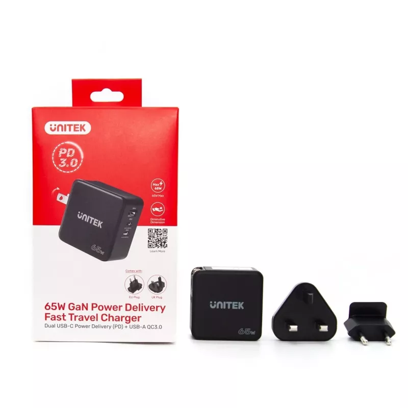 Unitek P1117B USB-C PD 65W Universal Mobile Charger, 2x USB‑C PD + 1x USB‑A, Black
